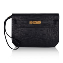 Load image into Gallery viewer, Kelly Depeches 25 Pouch Black Matte Alligator Gold Hardware New