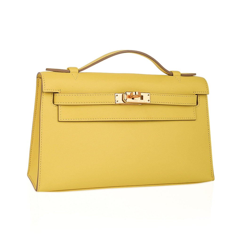 Kelly Pochette Bag Lime Clutch Gold Hardware Swift Leather
