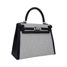Load image into Gallery viewer, Kelly 25 Sellier Bag Quadrille Black &amp; White Viking Toile Swift Leather with Palladium Hardware
