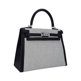 Kelly 25 Sellier Bag Quadrille Black & White Viking Toile Swift Leather with Palladium Hardware