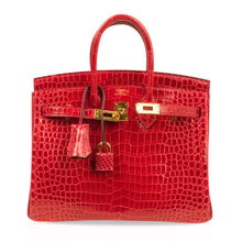 Load image into Gallery viewer, Birkin 25 Bag Red Braise Porosus Crocodile Gold Hardware Lipstick Red