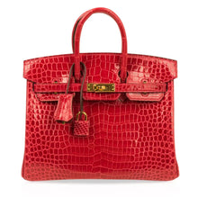 Load image into Gallery viewer, Birkin 25 Bag Red Braise Porosus Crocodile Gold Hardware Lipstick Red