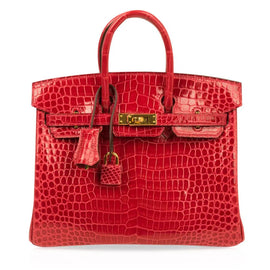Birkin 25 Bag Red Braise Porosus Crocodile Gold Hardware Lipstick Red