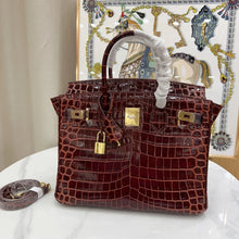 Load image into Gallery viewer, Birkin Bordeaux Shiny Porosus Crocodile Gold Hardware