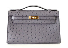 Load image into Gallery viewer, Kelly Pochette Clutch Bag Ostrich Gris Agate Gold Hardware