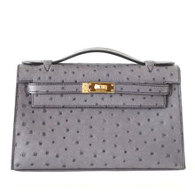 Load image into Gallery viewer, Kelly Pochette Clutch Bag Ostrich Gris Agate Gold Hardware