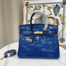 Load image into Gallery viewer, Birkin Blue Croc Embossement Leather Handbags Metal Lock Satchel Bag