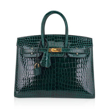 Load image into Gallery viewer, Birkin 25 Bag Sellier Vert Fonce Porosus Crocodile Bag with Gold Hardware