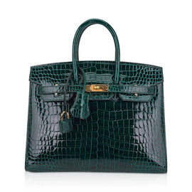 Birkin 25 Bag Sellier Vert Fonce Porosus Crocodile Bag with Gold Hardware