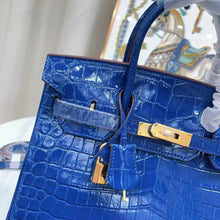 Load image into Gallery viewer, Birkin Blue Croc Embossement Leather Handbags Metal Lock Satchel Bag
