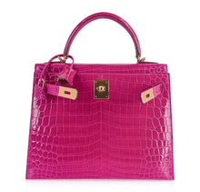 Load image into Gallery viewer, Kelly 28 Sellier Bag Rose Scheherazade Crocodile Gold Hardware