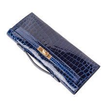 Load image into Gallery viewer, Kelly Cut Blue Sapphire Crocodile Clutch Bag Gold Hardware