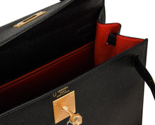 Load image into Gallery viewer, Kelly HSS 28 Bag Sellier Black Chevre Vermillion Interior Brushed Gold
