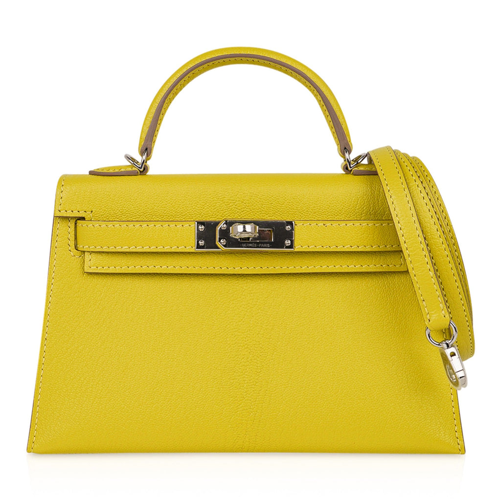 Kelly 20 Mini Sellier Bag Lime Chevre Leather Palladium New w/Box