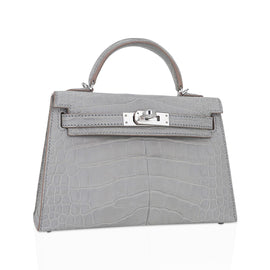 Limited Edition Mini Kelly 20 Sellier Matte Gris Perle Alligator Bag Palladium Hardware