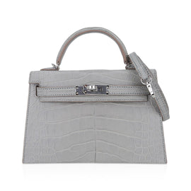Limited Edition Mini Kelly 20 Sellier Matte Gris Perle Alligator Bag Palladium Hardware