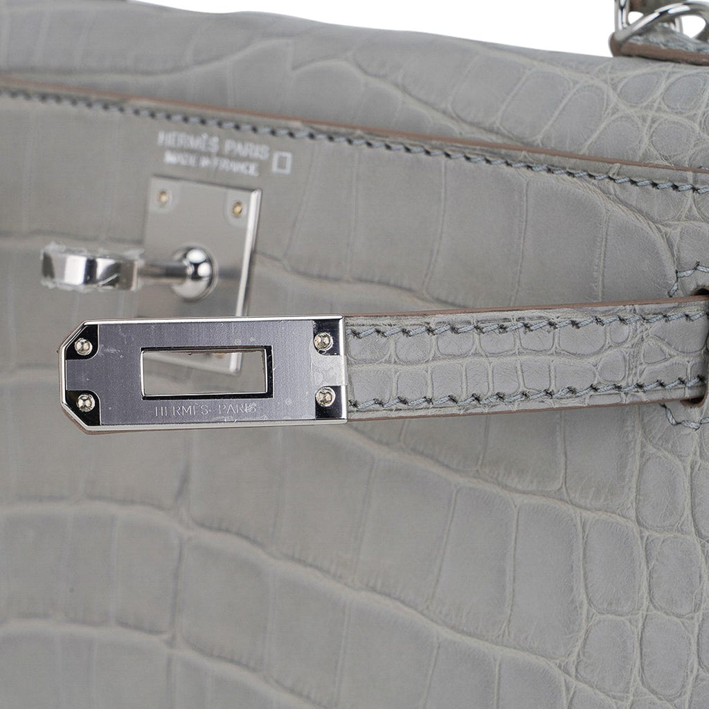 Limited Edition Mini Kelly 20 Sellier Matte Gris Perle Alligator Bag Palladium Hardware