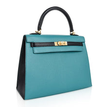 Load image into Gallery viewer, Kelly 25 Sellier Bag HSS Blue Paon / Black Chevre Mysore Gold Hardware
