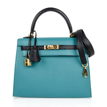 Load image into Gallery viewer, Kelly 25 Sellier Bag HSS Blue Paon / Black Chevre Mysore Gold Hardware
