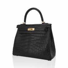 Load image into Gallery viewer, Kelly 25 Retourne Bag Black Matte Alligator with Gold Hardware