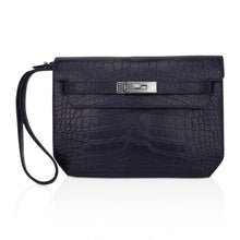 Load image into Gallery viewer, Kelly Depeches 25 Pouch Blue Indigo Matte Alligator with Palladium Hardware