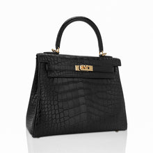 Load image into Gallery viewer, Kelly 25 Retourne Bag Black Matte Alligator with Gold Hardware