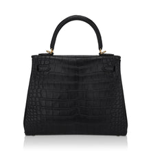 Load image into Gallery viewer, Kelly 25 Retourne Bag Black Matte Alligator with Gold Hardware