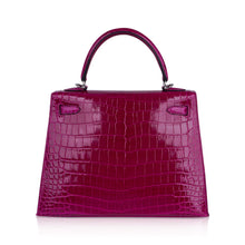 Load image into Gallery viewer, Kelly 25 Sellier Bag Rose Pourpre Crocodile with Palladium Hardware