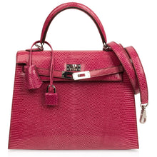 Load image into Gallery viewer, Kelly 25 Sellier Bag Fuschia Lizard with Palladium Hardware