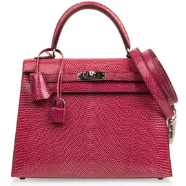 Kelly 25 Sellier Bag Fuschia Lizard with Palladium Hardware