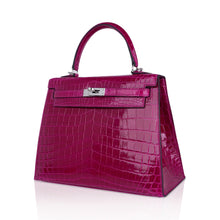 Load image into Gallery viewer, Kelly 25 Sellier Bag Rose Pourpre Crocodile with Palladium Hardware
