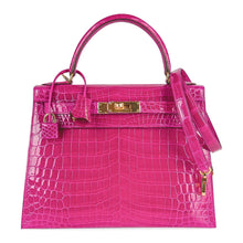 Load image into Gallery viewer, Kelly 28 Sellier Bag Rose Scheherazade Crocodile Gold Hardware