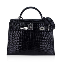 Load image into Gallery viewer, Kelly 32 Sellier Bag Black Crocodile with Palladium Hardware