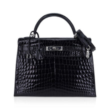 Load image into Gallery viewer, Kelly 32 Sellier Bag Black Crocodile with Palladium Hardware