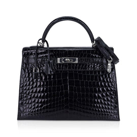 Kelly 32 Sellier Bag Black Crocodile with Palladium Hardware