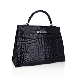 Kelly 32 Sellier Bag Black Crocodile with Palladium Hardware