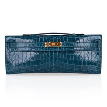 Load image into Gallery viewer, Kelly Cut Bag Blue Colvert Crocodile with Gold Hardware