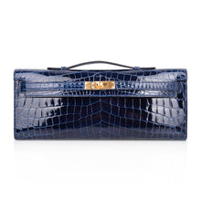 Load image into Gallery viewer, Kelly Cut Blue Sapphire Crocodile Clutch Bag Gold Hardware