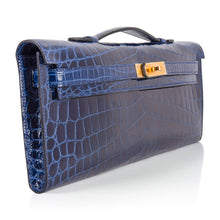 Load image into Gallery viewer, Kelly Cut Blue Sapphire Crocodile Clutch Bag Gold Hardware