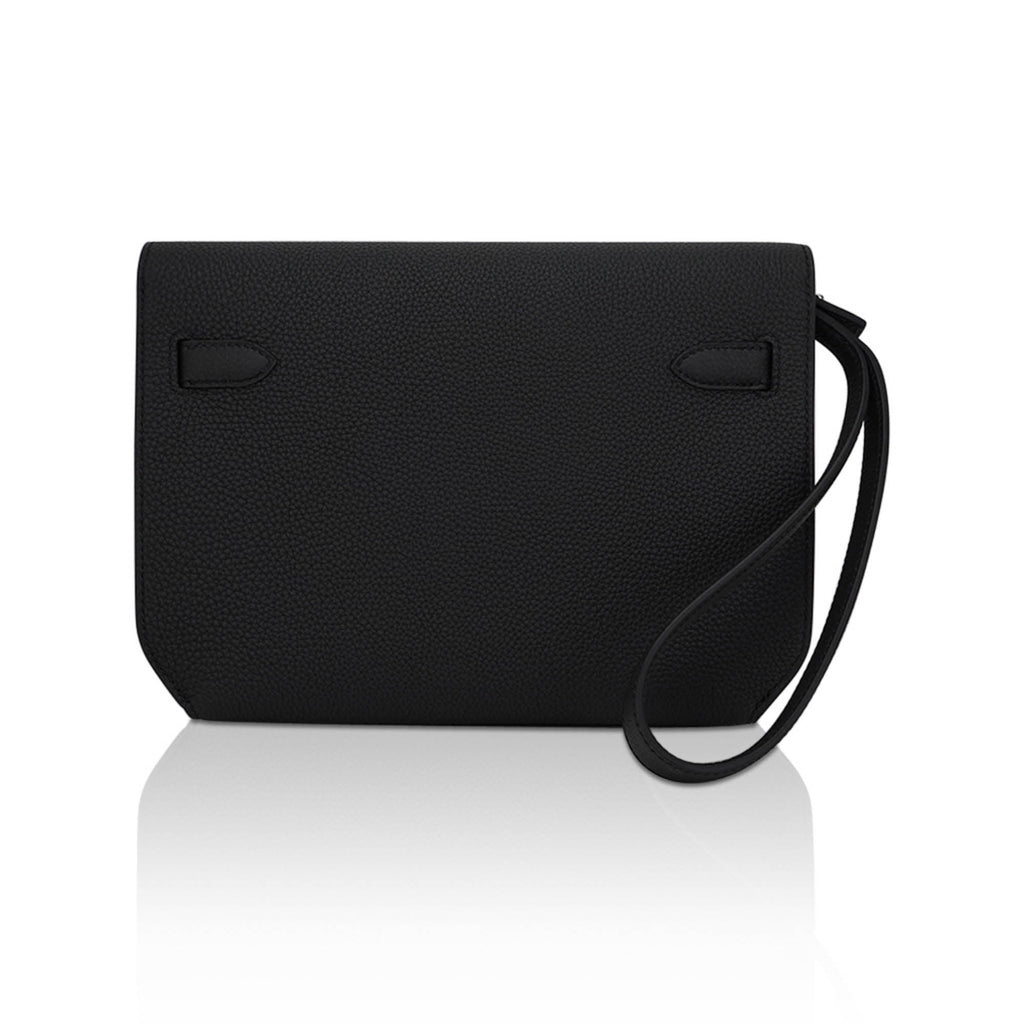 Kelly Depeches 25 Pouch Bag Black Galop D’Leather with Palladium Hardware