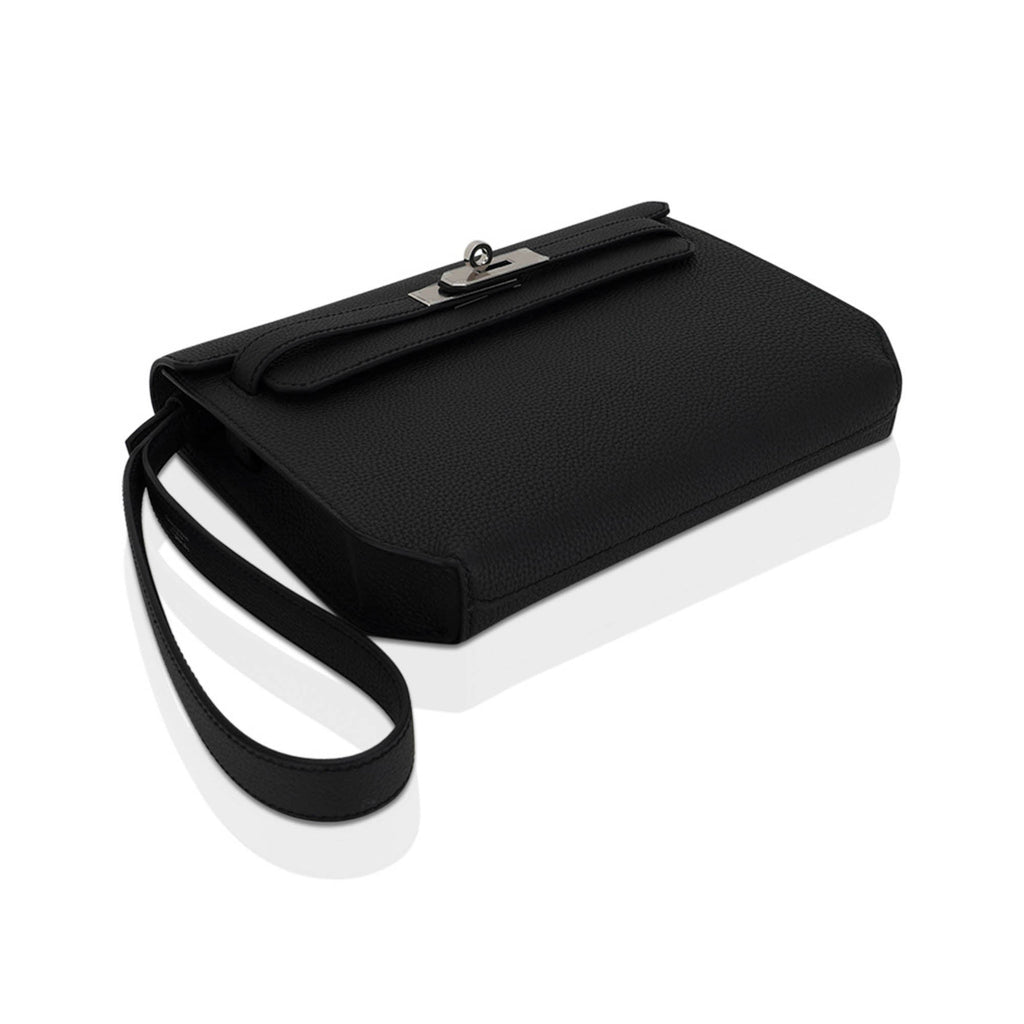 Kelly Depeches 25 Pouch Bag Black Galop D’Leather with Palladium Hardware