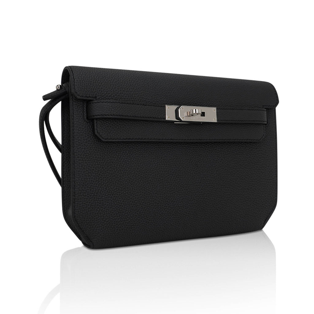 Kelly Depeches 25 Pouch Bag Black Galop D’Leather with Palladium Hardware