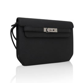 Kelly Depeches 25 Pouch Bag Black Galop D’Leather with Palladium Hardware