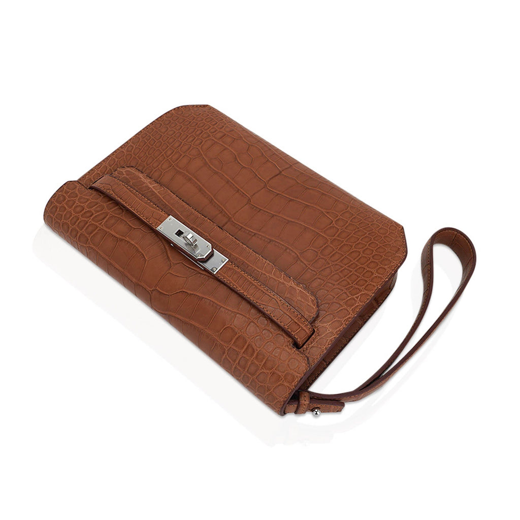 Kelly Depeches 25 Pouch Matte Gold Alligator with Palladium Hardware