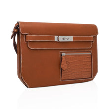 Load image into Gallery viewer, Kelly Depeches Touch Pouch 25 Bag Fauve Barenia Faubourg Leather and Gold Matte Alligator with Palladium Hardware