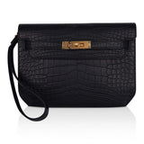 Kelly Depeches 25 Pouch Black Matte Alligator Gold Hardware New