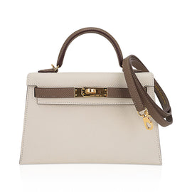 Special Order HSS Mini Kelly 20 Bag Sellier Craie & Etoupe Epsom Leather with Gold Hardware