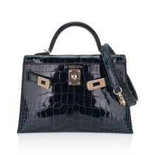 Load image into Gallery viewer, Limited Edition Verso Mini Kelly 20 Sellier Bag Vert Rousseau &amp; Blue Paon Alligator with Permabrass Hardware