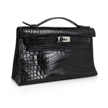 Load image into Gallery viewer, Kelly Pochette Bag Matte Black Crocodile Clutch Palladium