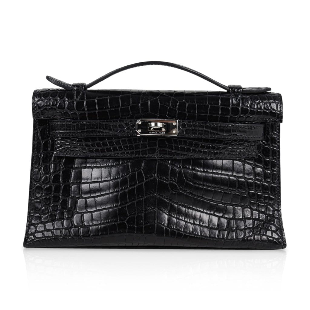 Kelly Pochette Bag Matte Black Crocodile Clutch Palladium